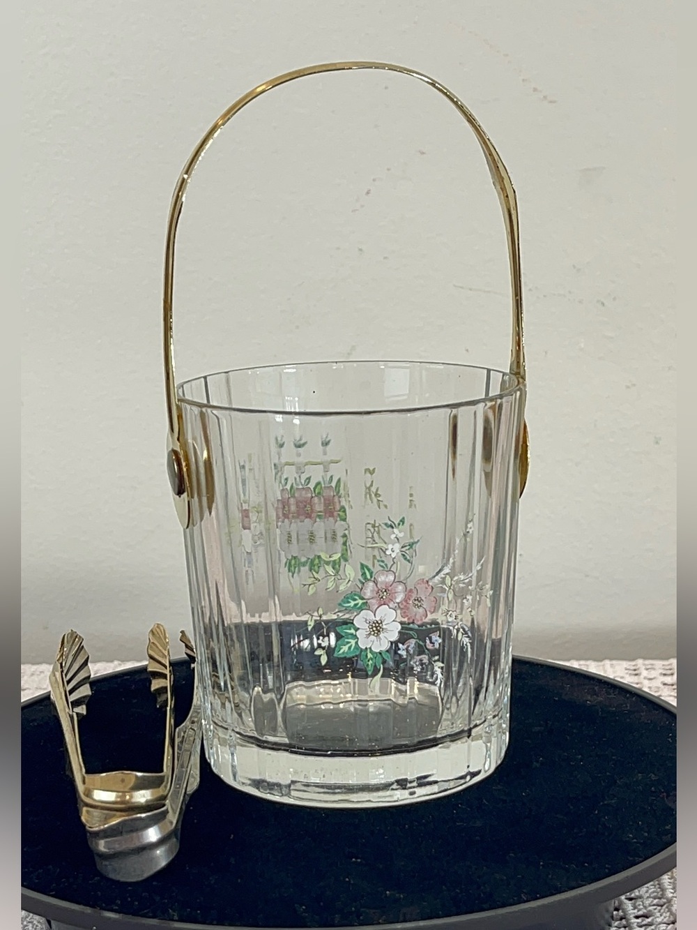 Glass Floral Ice Bucket with Gold Handle - Clear/Pink/Green